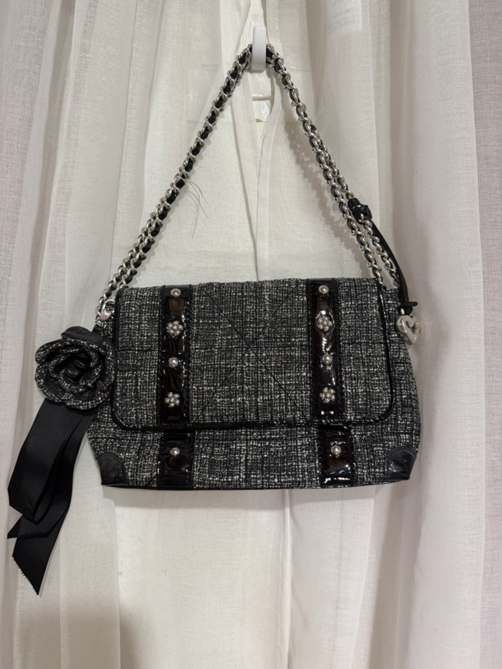 Brighton Black Tweed Chain-Handle Shoulder Bag with Floral Accent